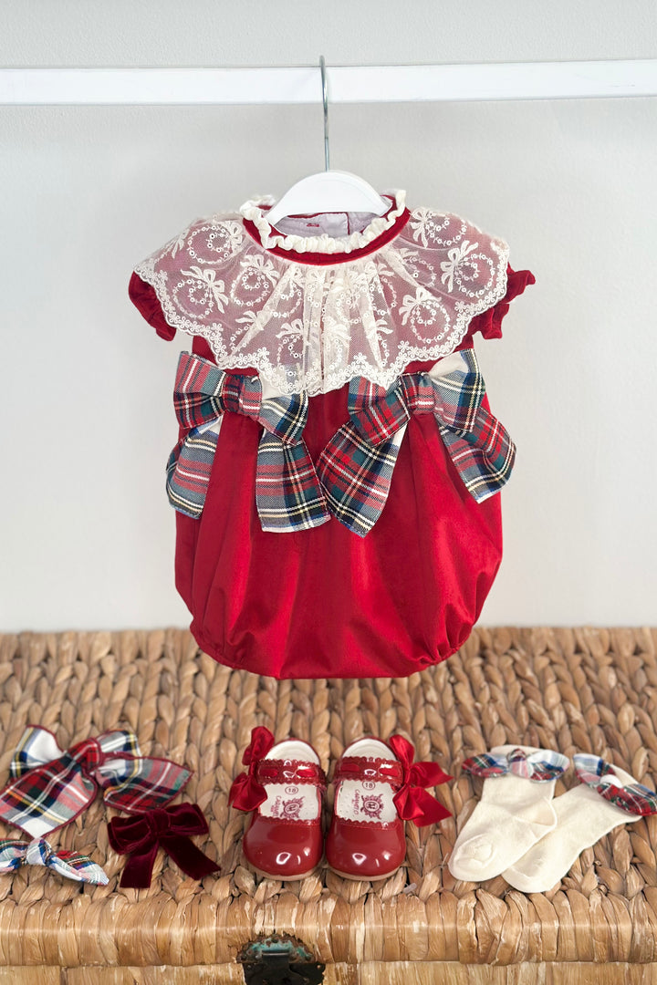 "Arianna" Red Velvet Tartan Romper