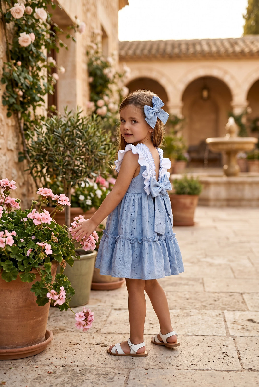 "Ophelia" Blue Broderie Anglaise Smocked Dress &amp; Bloomers