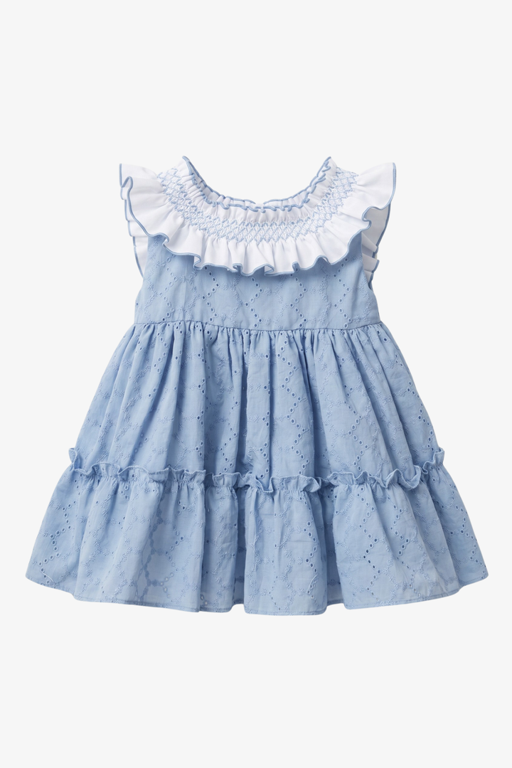 "Ophelia" Blue Broderie Anglaise Smocked Dress &amp; Bloomers