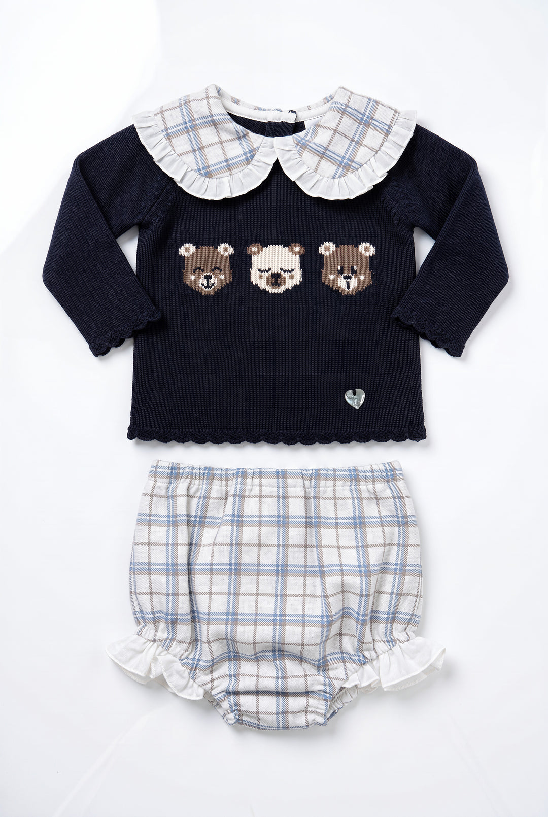 "Constance" Navy Teddy Bear Knitted Top &amp; Tartan Bloomers
