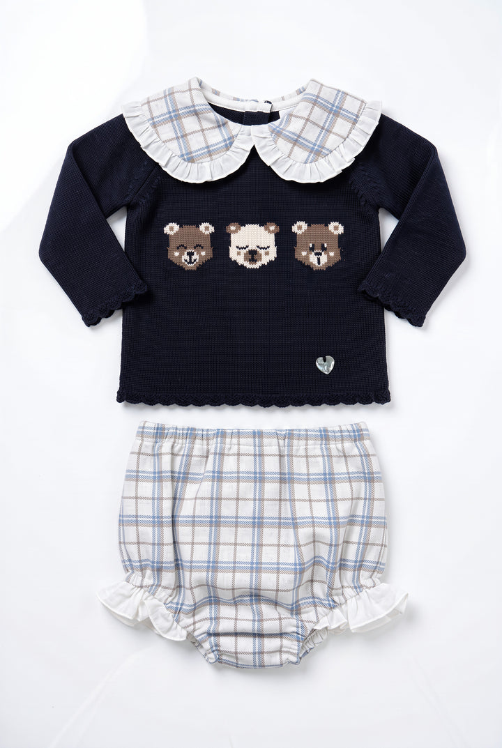 "Constance" Navy Teddy Bear Knitted Top &amp; Tartan Bloomers