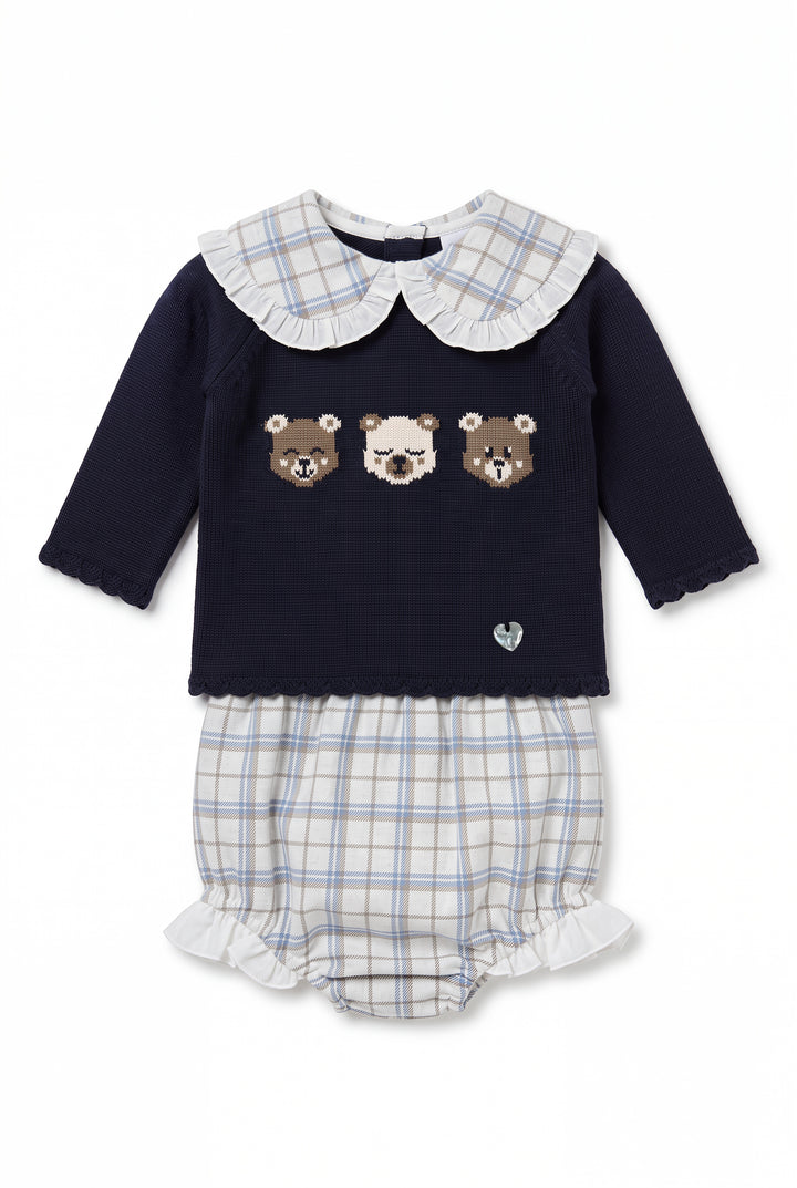 "Constance" Navy Teddy Bear Knitted Top &amp; Tartan Bloomers
