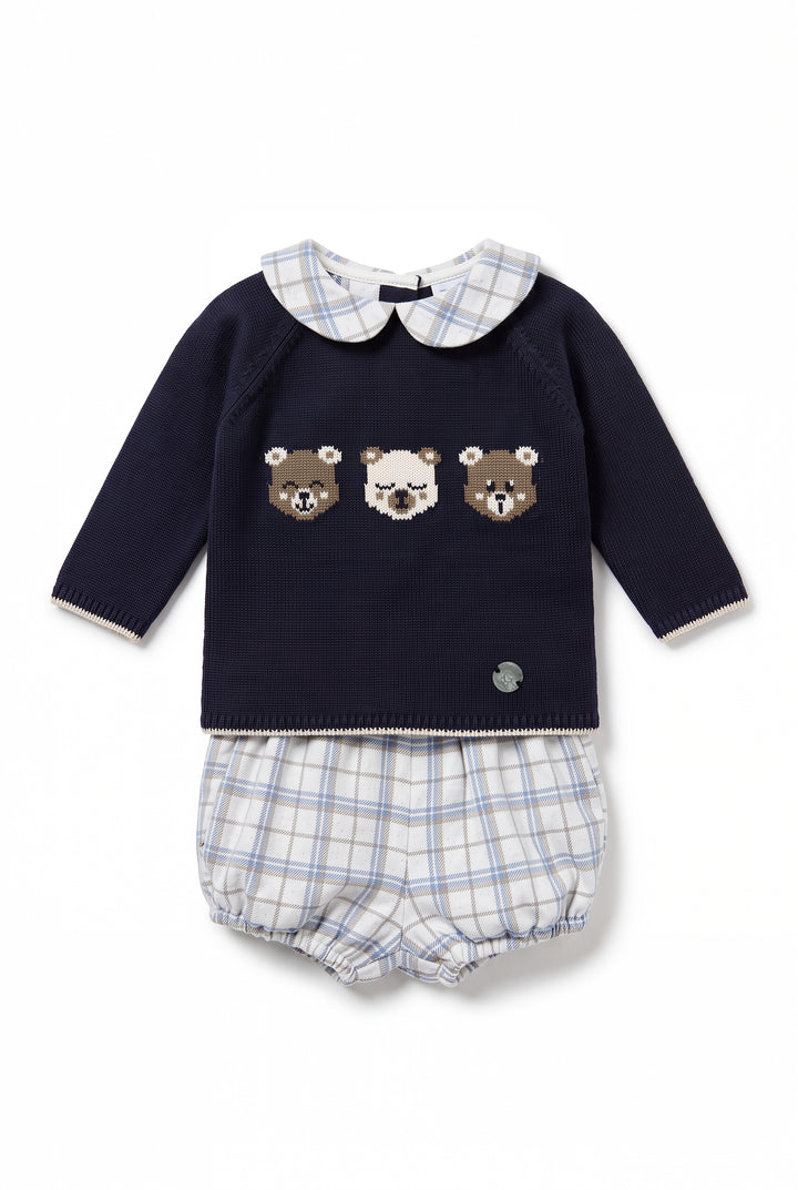 "Stanley" Navy Teddy Bear Knitted Top &amp; Tartan Jam Pants