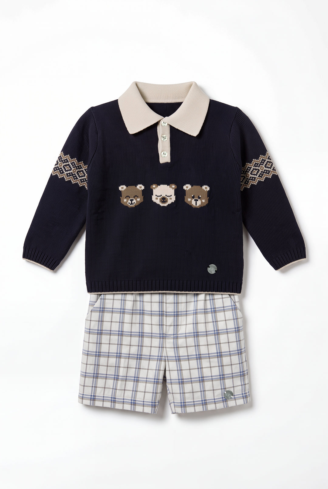 "Hamish" Navy Teddy Bear Knitted Polo Shirt &amp; Tartan Shorts