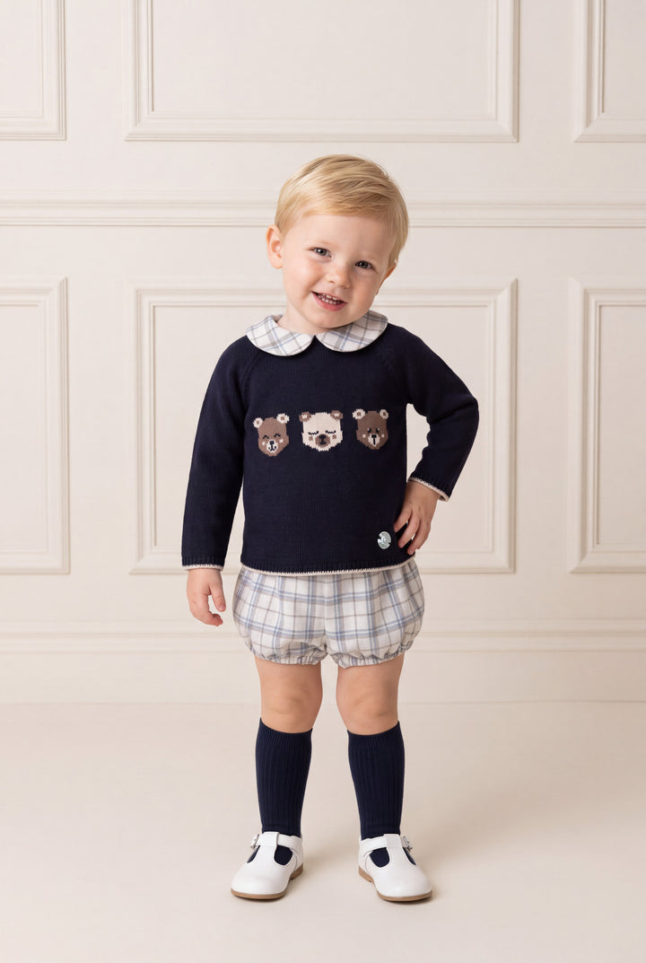 "Stanley" Navy Teddy Bear Knitted Top &amp; Tartan Jam Pants