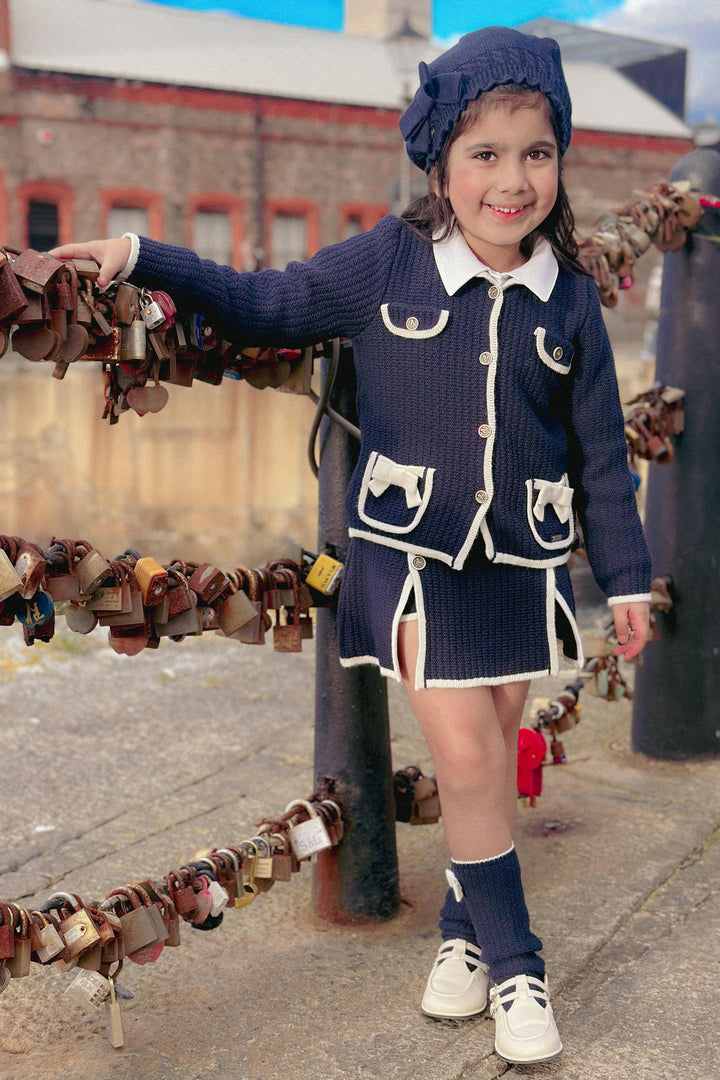 "Nova" Navy & Cream Knit Cardigan, Blouse & Skirt