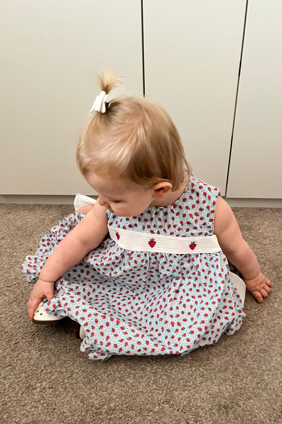 Deolinda "Poppy" Blue Smocked Strawberry Dress & Bloomers | Millie and John