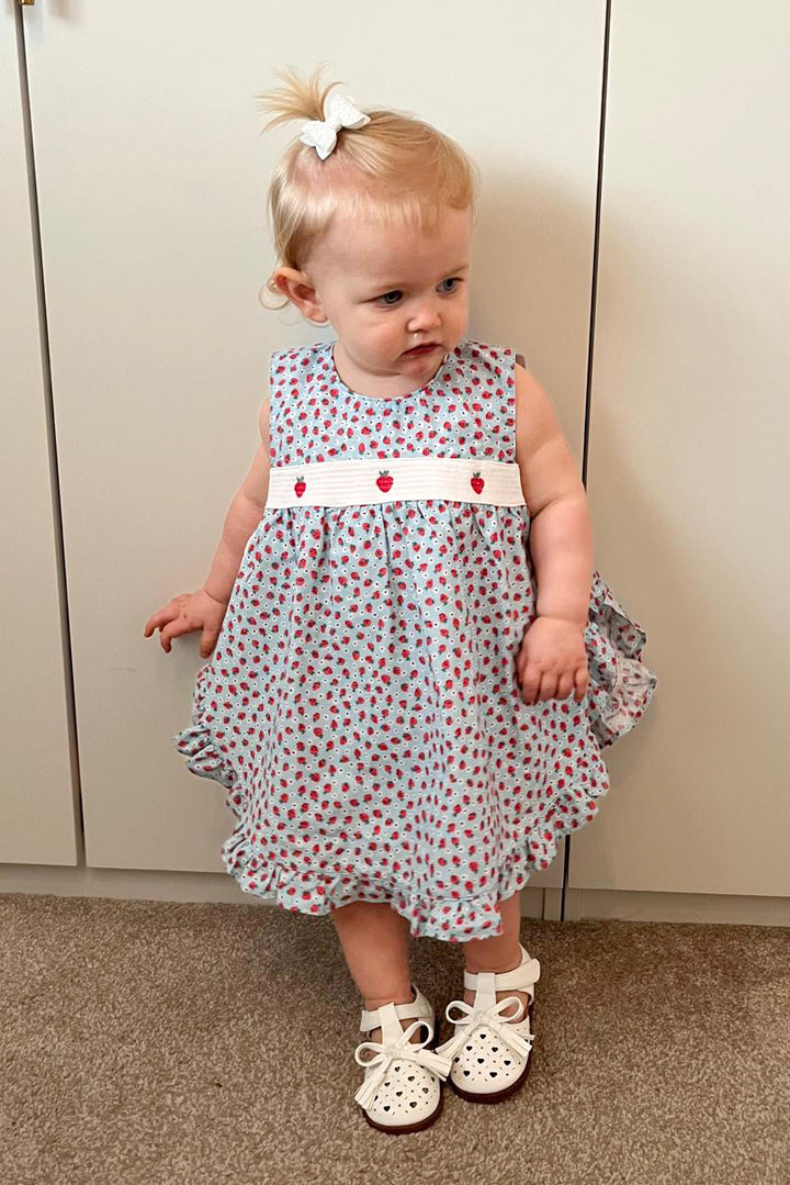 Deolinda "Poppy" Blue Smocked Strawberry Dress & Bloomers | Millie and John