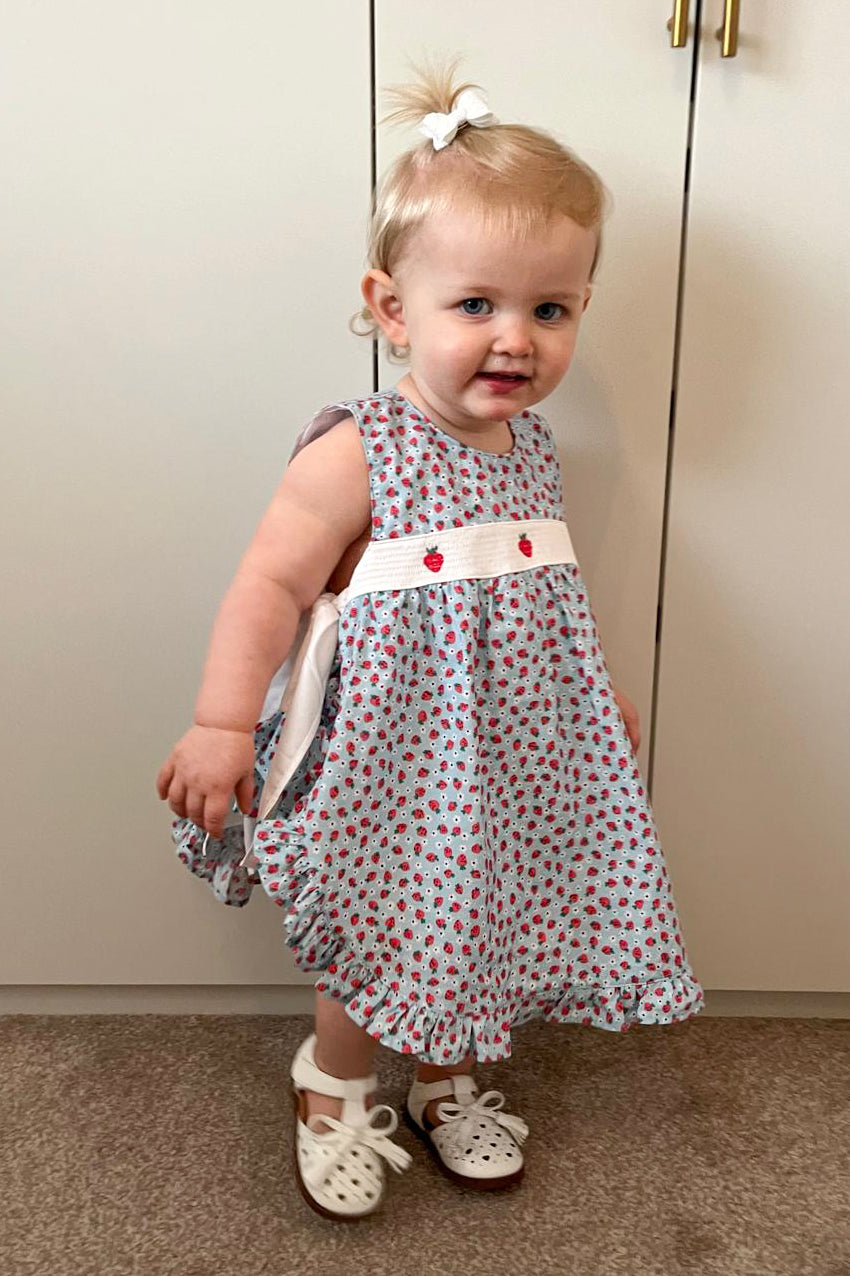 Deolinda "Poppy" Blue Smocked Strawberry Dress & Bloomers | Millie and John