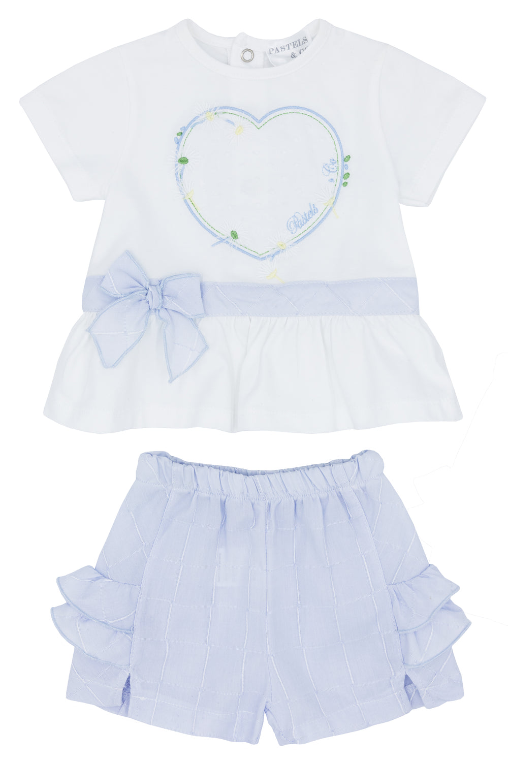 Pastels & Co "Caroline" White & Blue Blouse & Shorts | Millie and John