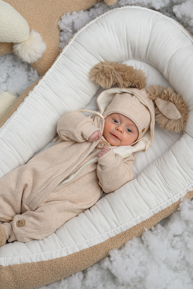 Jamiks "Kirby" Ribbed Faux Fur Bunny Ear Romper | Millie and John