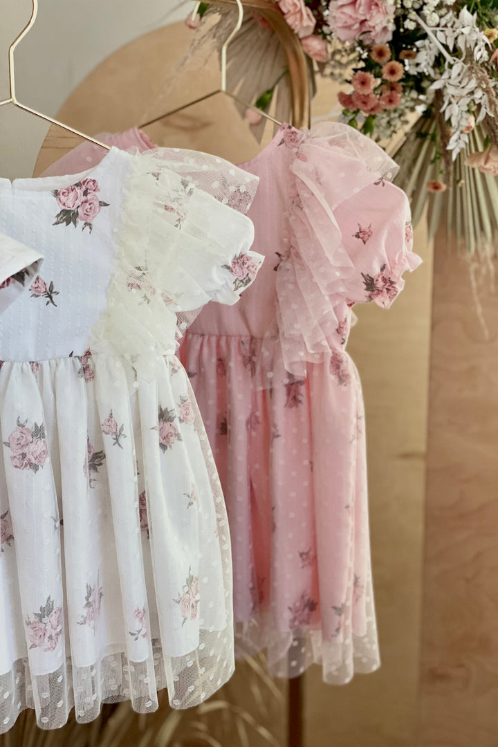 Jamiks "Pernille" Ivory & Pink Vintage Floral Tulle Dress | Millie and John