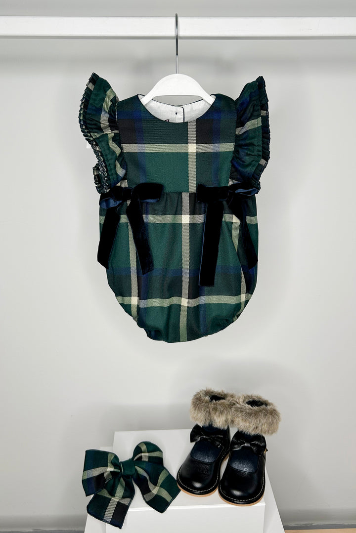 "Jemima" Bottle Green Tartan Romper