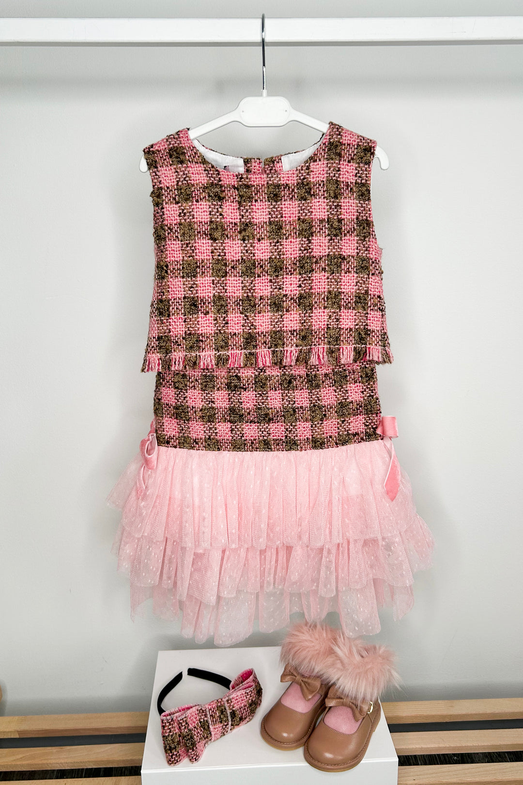 "Allegra" Pink & Beige Tweed Blouse & Tulle Skirt