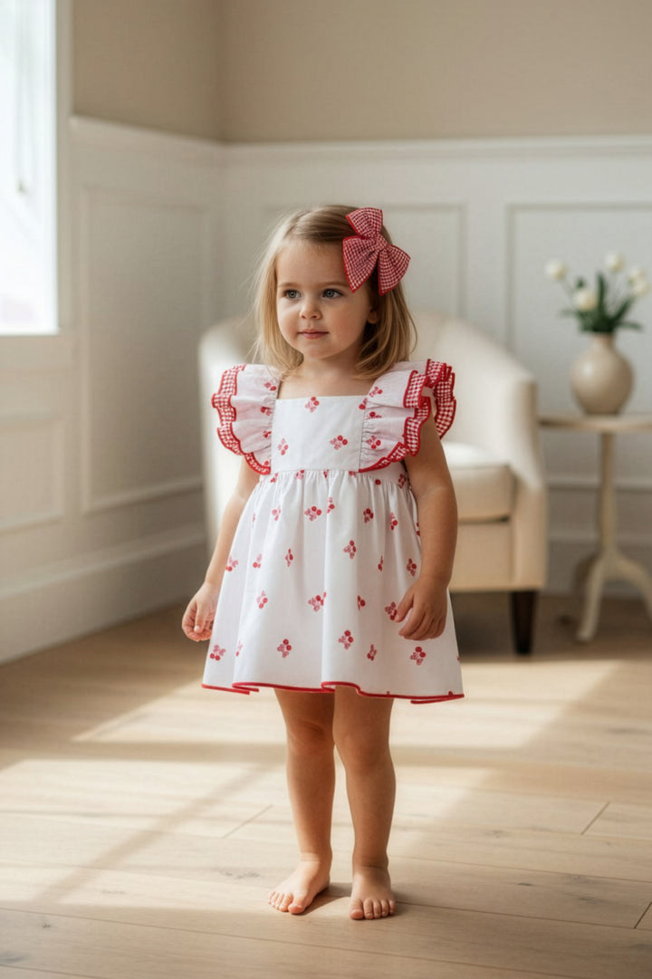"Posie" White & Red Cherry Dress & Bloomers