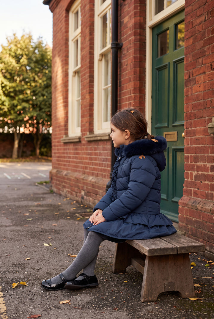 "Florence" Navy Ruffle Puffer School Coat