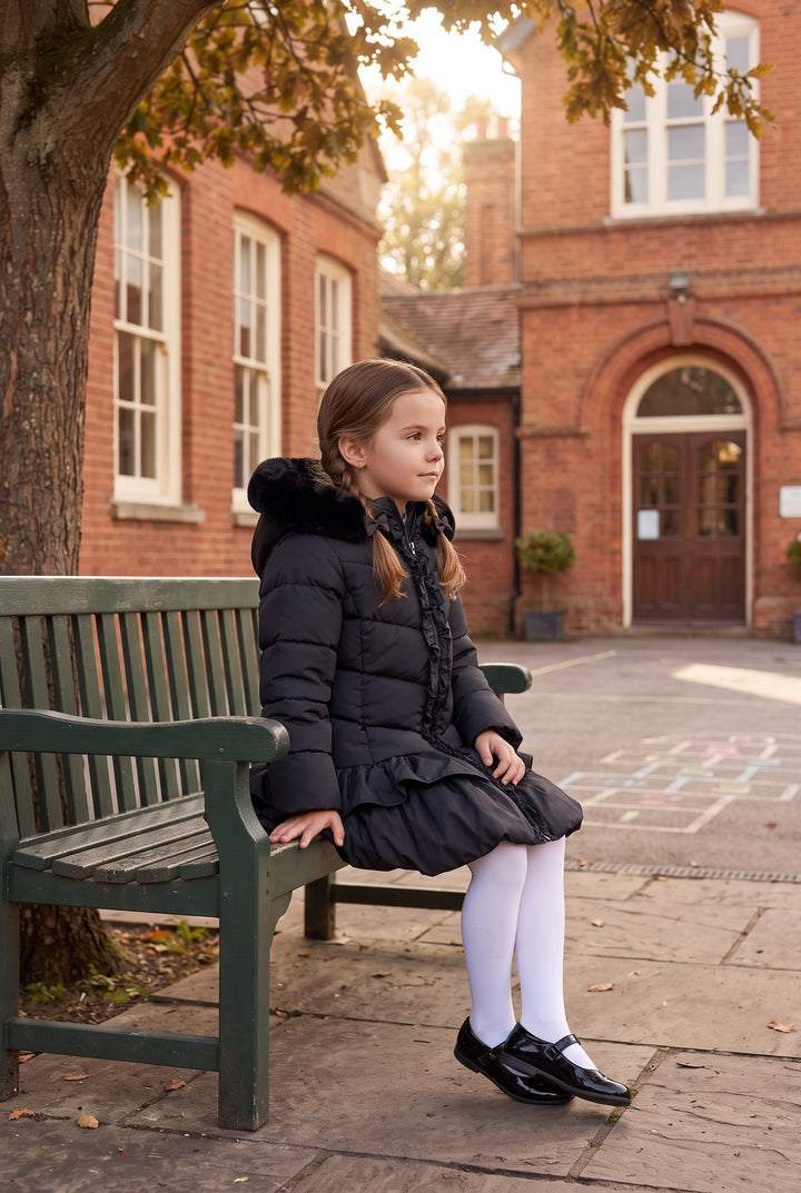 "Florence" Black Ruffle Puffer School Coat