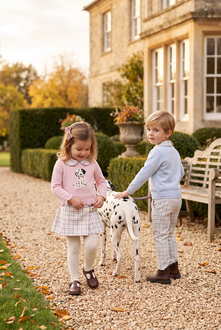 "Grace" Pink &amp; Grey Check Dalmatian Jumper &amp; Skirt
