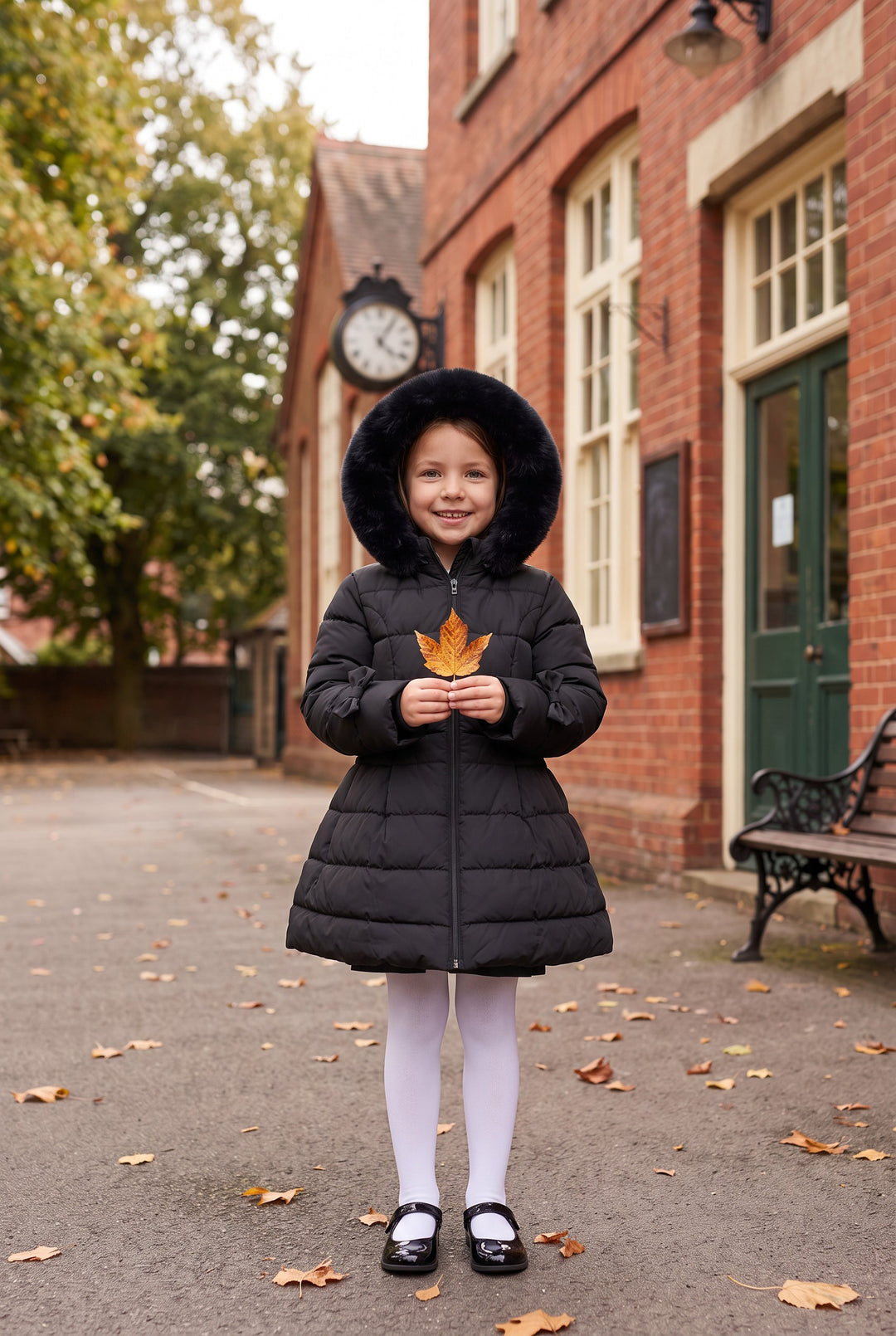 "Clara" Black Bow Puffer School Coat