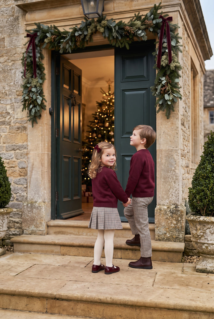 PREORDER "Mabel" Burgundy Horse Jumper &amp; Houndstooth Skirt