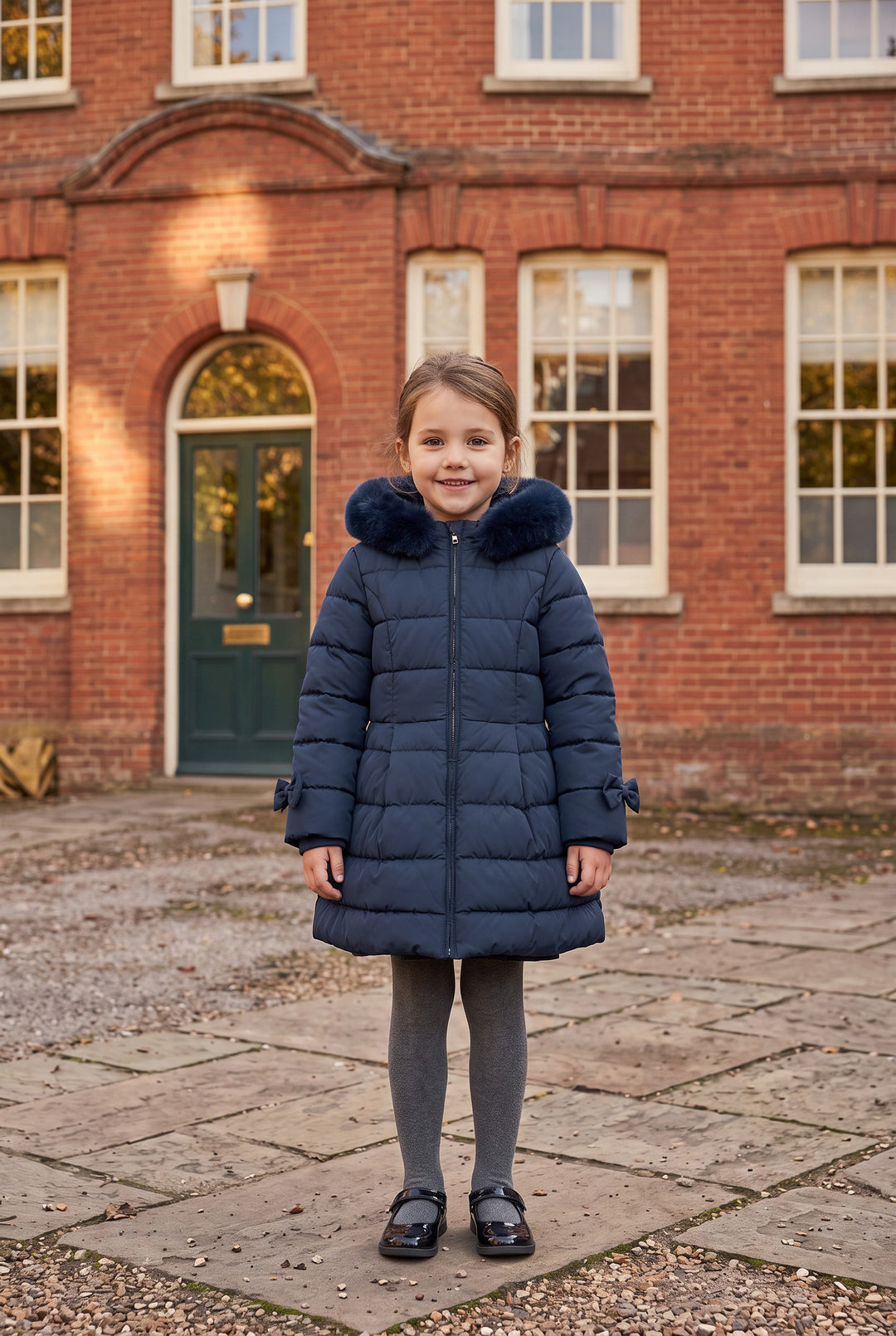 "Clara" Navy Bow Puffer School Coat
