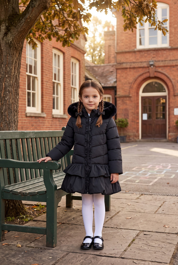 "Florence" Black Ruffle Puffer School Coat