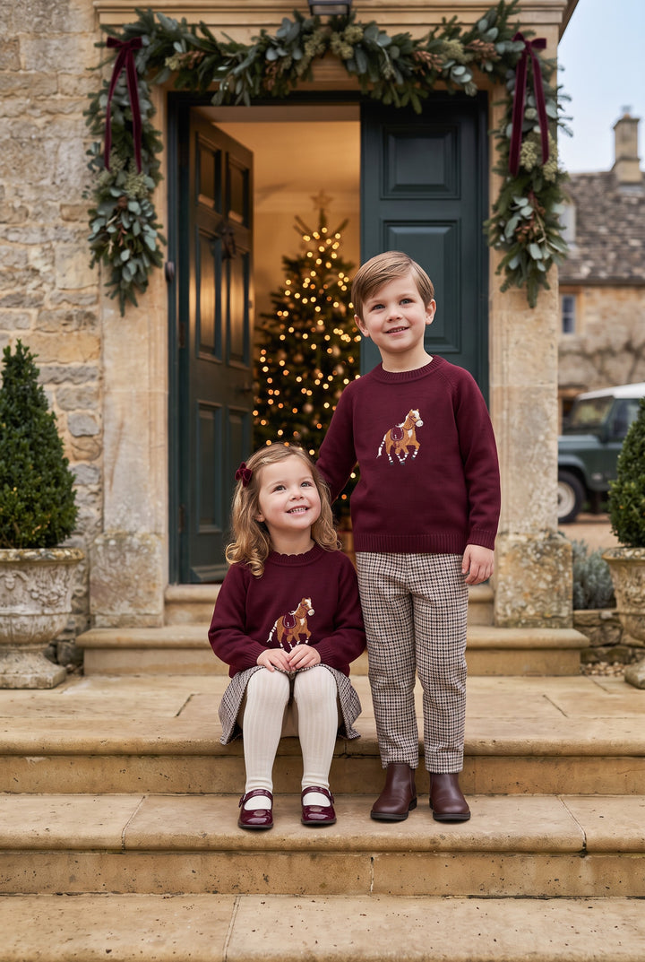 PREORDER "Henry" Burgundy Horse Jumper &amp; Houndstooth Trousers