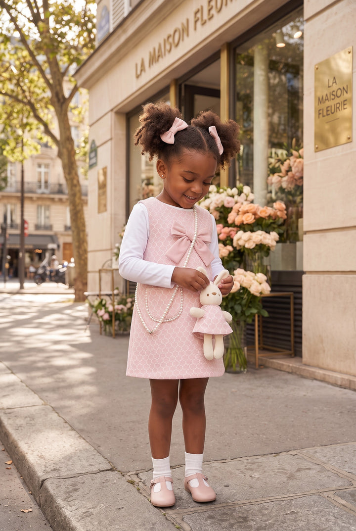 "Vanessa" Pink Fluffy Knit 3-Piece Pinafore Dress Set