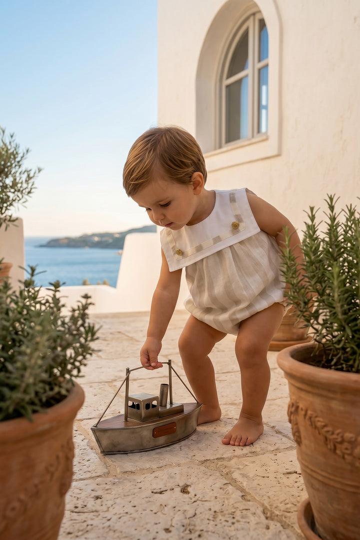 "Theodore" Beige Stripe Sailor Romper