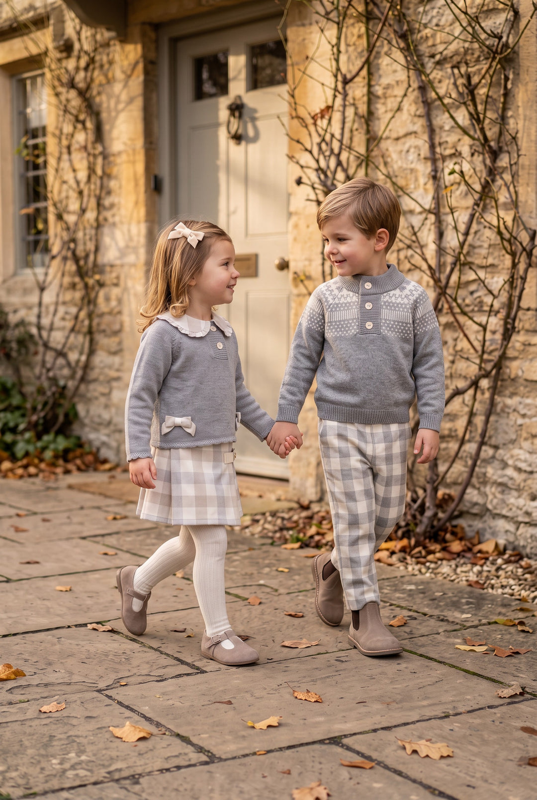 "Freya" Grey &amp; Beige Check Jumper &amp; Skirt