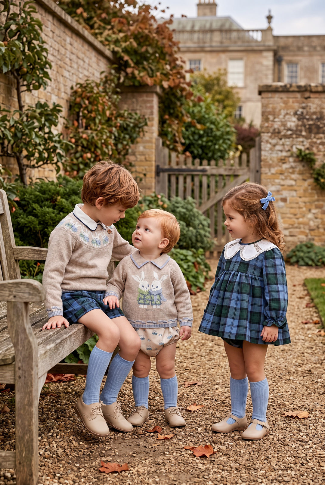 "Florence" Cornflower Blue Tartan Dress &amp; Bloomers