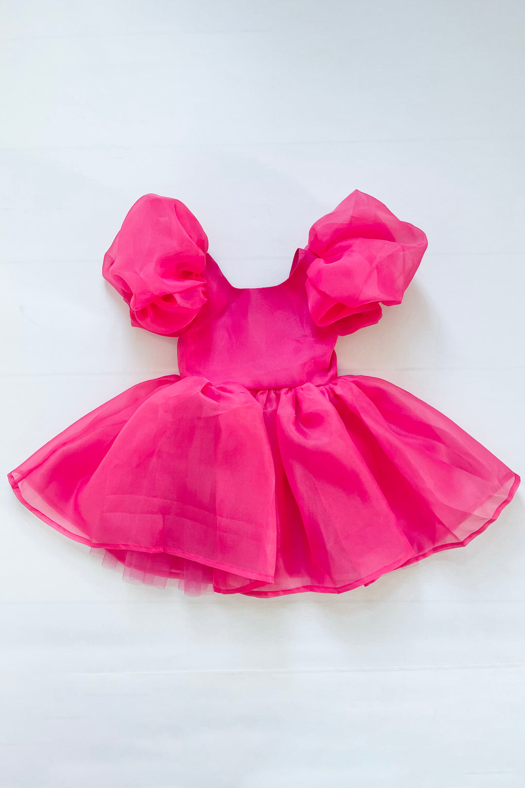 Hot Pink Satin Organza Puff Sleeve Dress