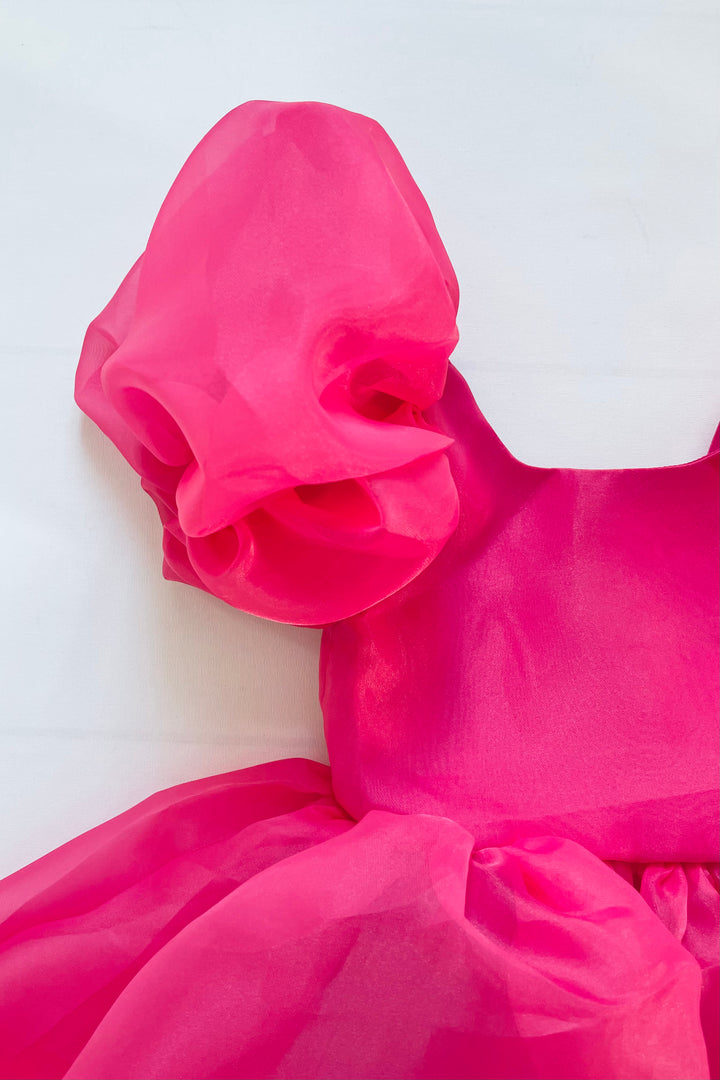 Hot Pink Satin Organza Puff Sleeve Dress