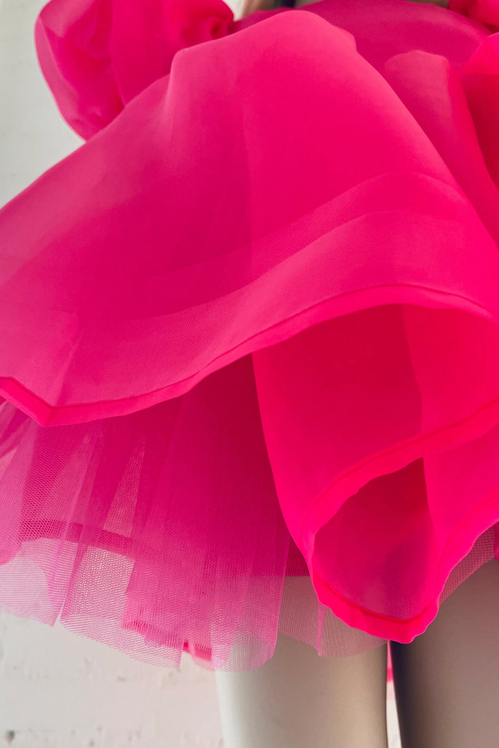 Hot Pink Satin Organza Puff Sleeve Dress