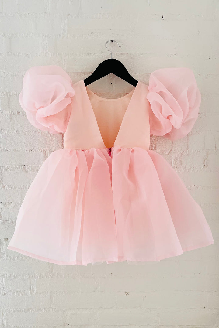 Pink Satin Organza Puff Sleeve Dress