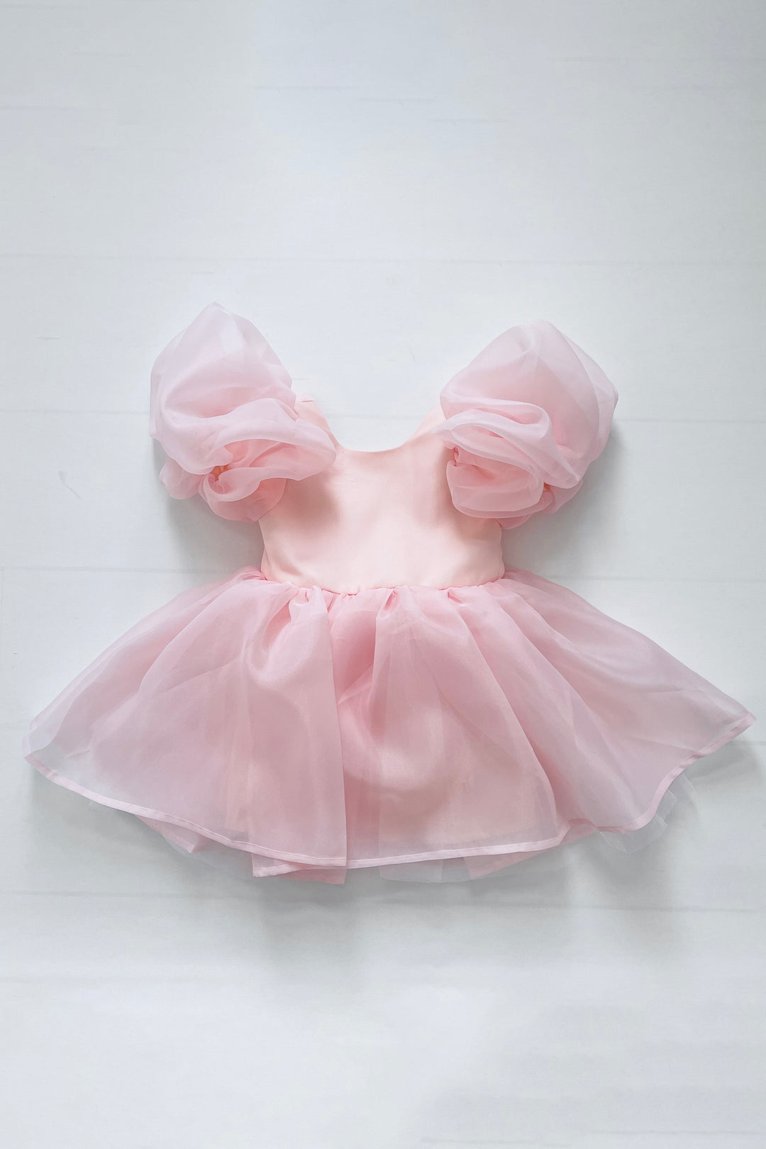 Pink Satin Organza Puff Sleeve Dress