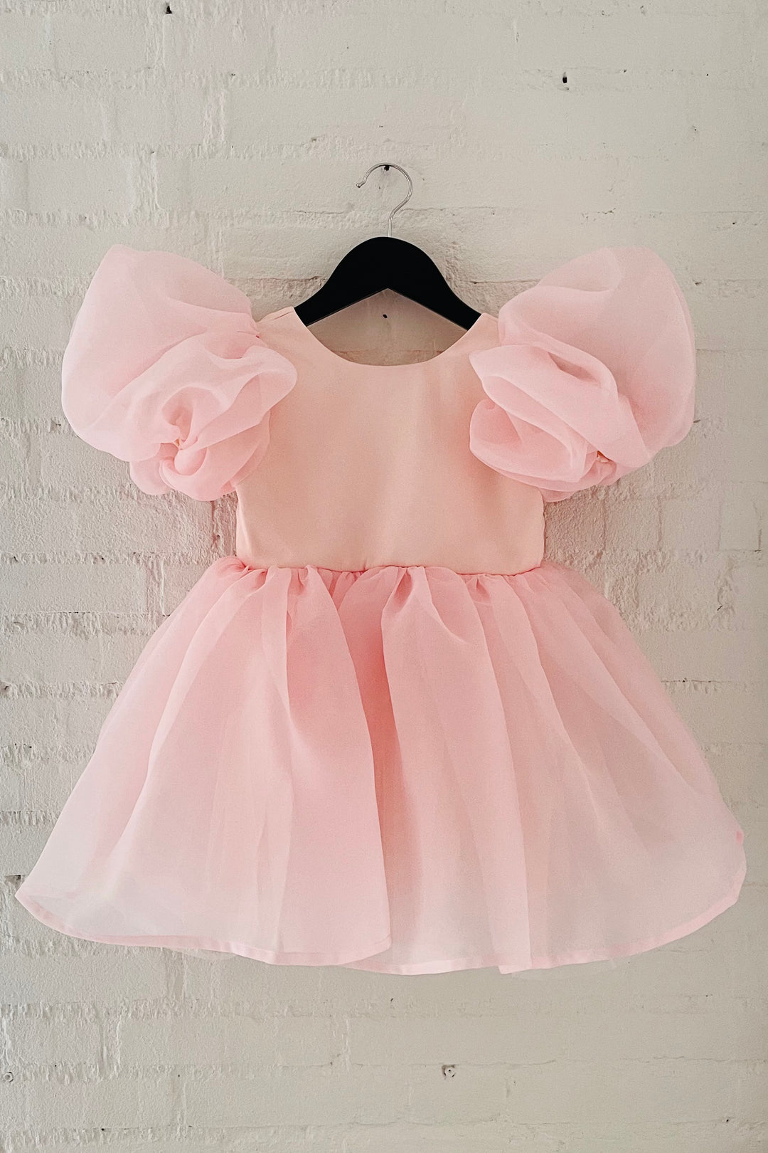 Pink Satin Organza Puff Sleeve Dress