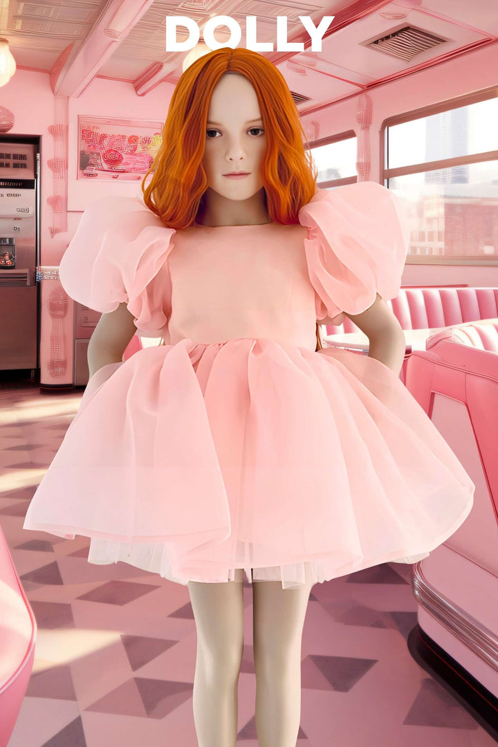 Pink Satin Organza Puff Sleeve Dress