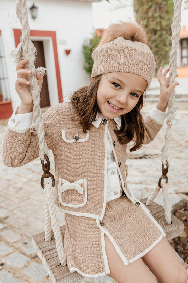 "Nova" Camel & Cream Knit Cardigan, Blouse & Skirt