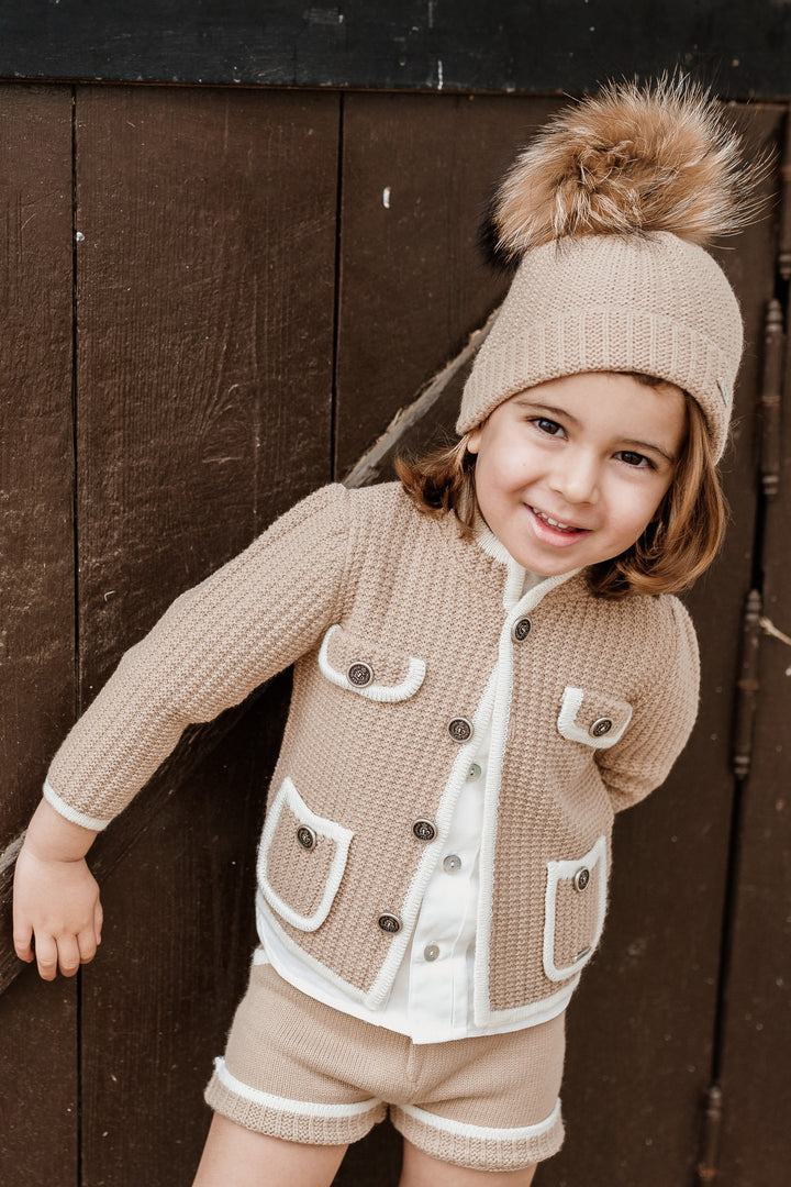 "Jude" Camel & Cream Knit Cardigan, Shirt & Shorts