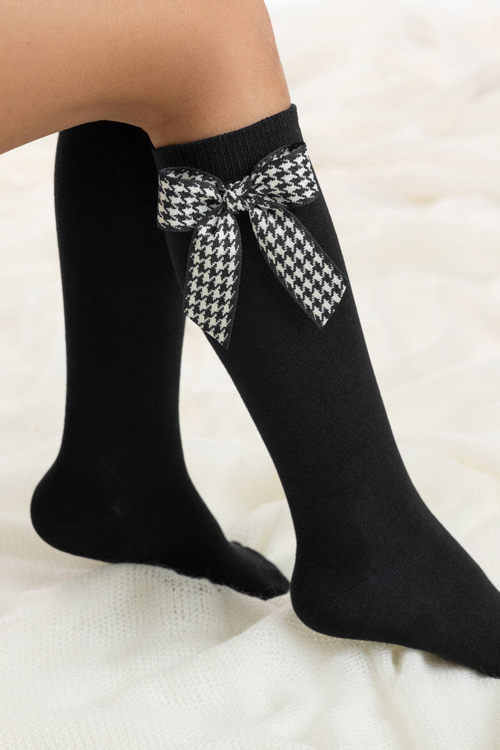 Black Houndstooth Bow Knee High Socks