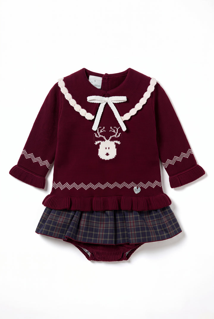 "Cora" Burgundy Reindeer Knitted Top &amp; Tartan Skirted Bloomers