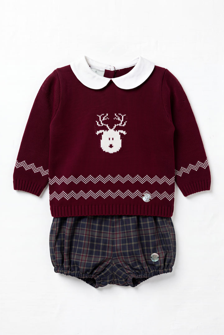"Caspar" Burgundy Reindeer Knitted Top &amp; Tartan Jam Pants