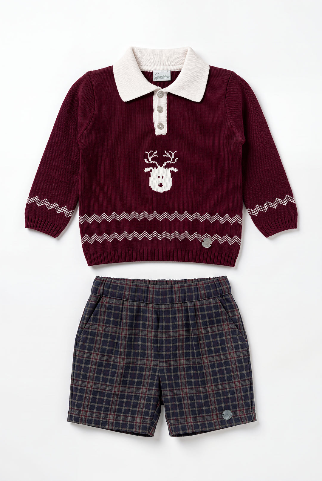 "Nicholas" Burgundy Reindeer Knitted Polo Shirt &amp; Tartan Shorts