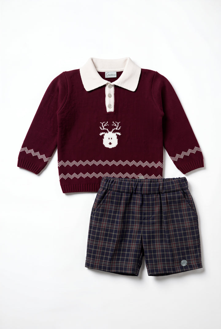 "Nicholas" Burgundy Reindeer Knitted Polo Shirt &amp; Tartan Shorts