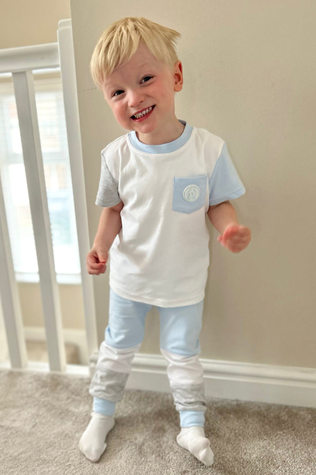 Mintini Baby "Luke" Baby Blue Colour Block Tracksuit | Millie and John