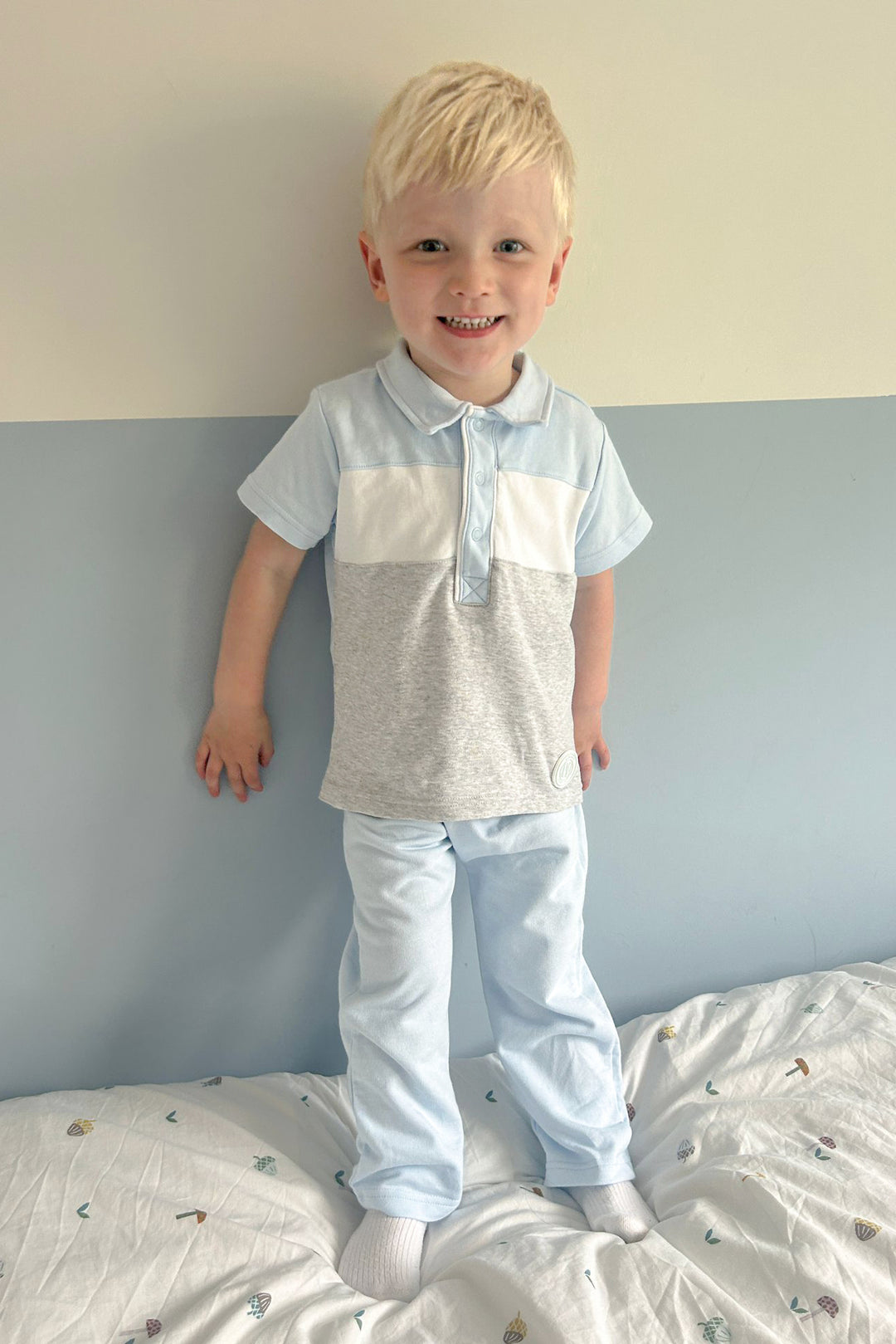 Mintini Baby "Zachariah" Baby Blue & Grey Polo Shirt & Trousers | Millie and John