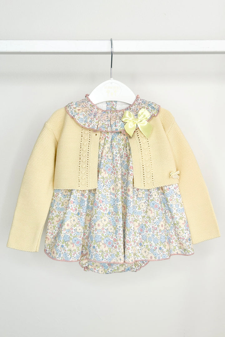 "Calista" Buttermilk Yellow Bolero, Floral Dress & Bloomers