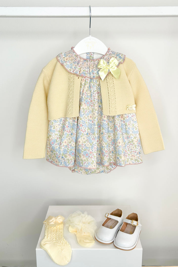 "Calista" Buttermilk Yellow Bolero, Floral Dress & Bloomers