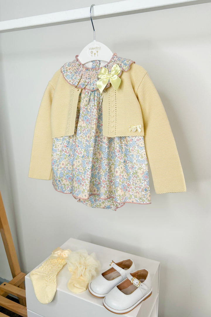 "Calista" Buttermilk Yellow Bolero, Floral Dress & Bloomers